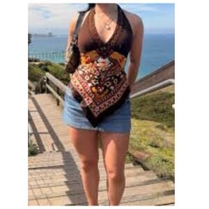 Cache Y2K Printed Scarf Halter Beaded Top Size Medium